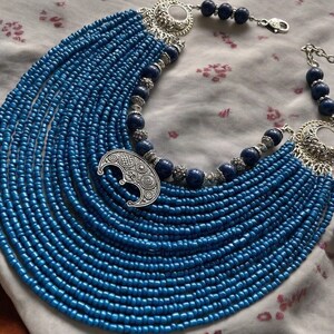Blue Necklace Ukrainian Traditional Beaded Necklace Ethnic Multirow Jewelry of antique glass beads with contempt Gift for Her MOTHERS DAY