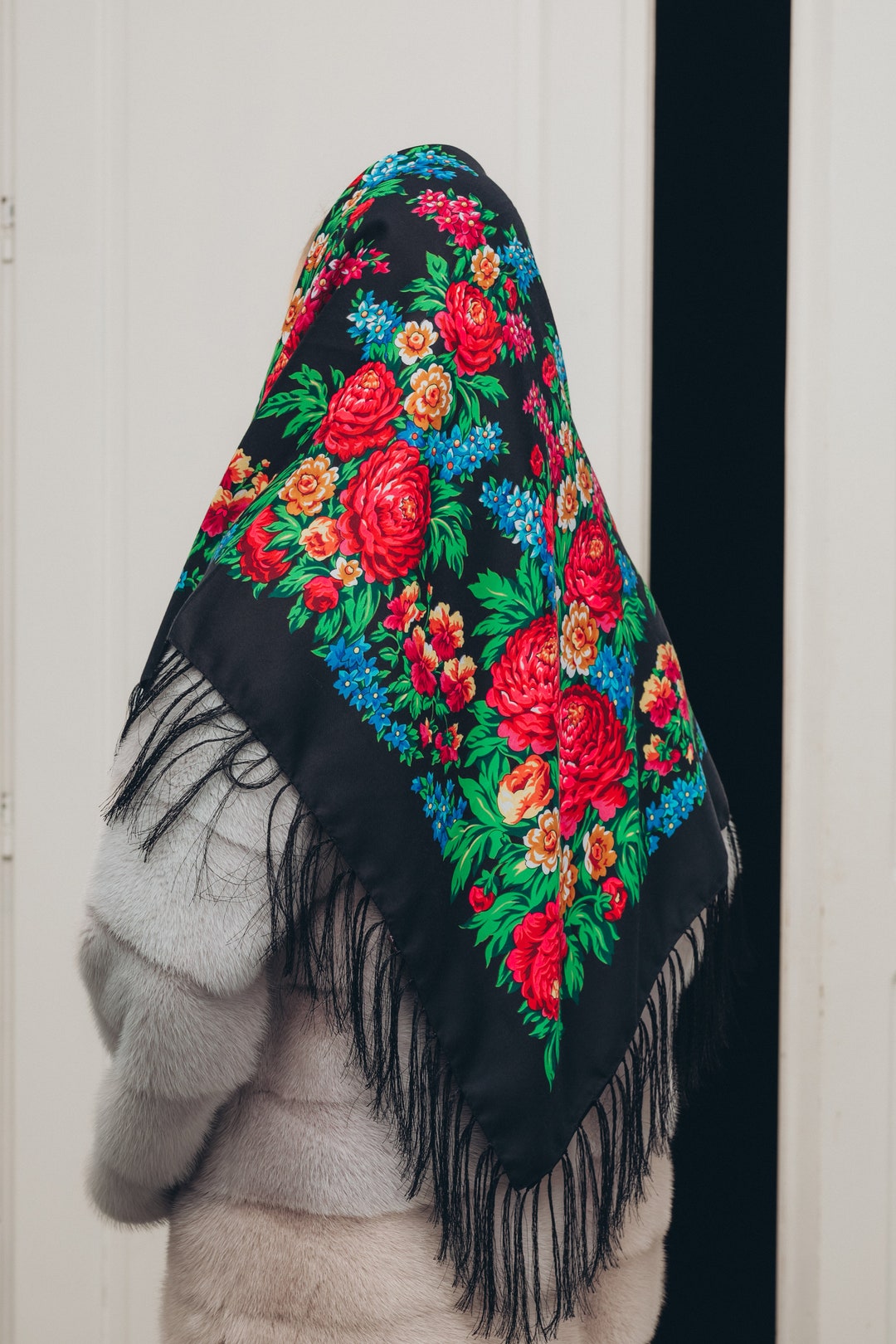 Black Wool Shawl With Slavic Embroidery - Ukrainian Floral Shawl ...