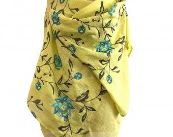 Yellow Ukrainian Shawl, Woman Floral Shawl, Unique Yellow Floral Scarf, Handmade Fashion Scarf, Yellow Floral Designer Scarf, Linen Shawl