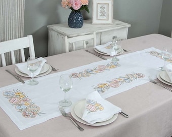 Embroidered Linen Easter Table Runner with Napkins
