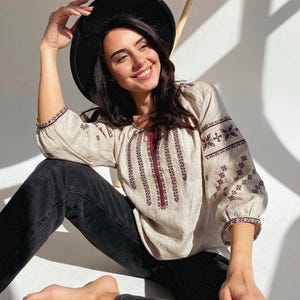 Natural Linen Ukrainian vyshyvanka blouse Ukrainian embroidered blouse bohemian ethnic shirt boho chic peasant Gift for Her Wife Easter