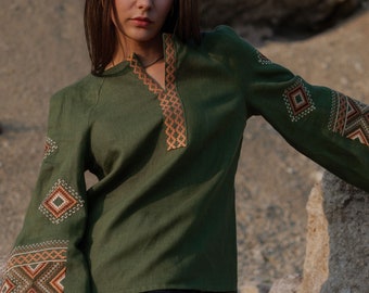 Green embroidered blouse Ukrainian vyshyvanka Ukrainian  vyshyvanka ethnic shirt boho chic peasant,Gift for Her, MOTHERS gift
