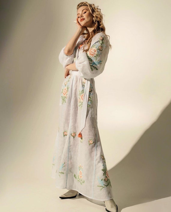 White Linen Ukrainian Dress, Ethnic Bridesmaid Dress, Embroidered Dress, Folk Linen Dress, Midsommar Dress, Boho White Wedding Dress