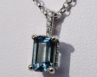 0.86 Ct Genuine Montana Sapphire Pendant in 14k White Gold Pendant Traditional Emerald Cut W/ 19 Accent Diamonds VS