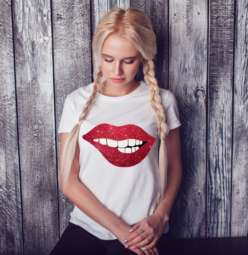 Ladies white T-Shirt with red glitter lips. Smile teeth lips | Etsy