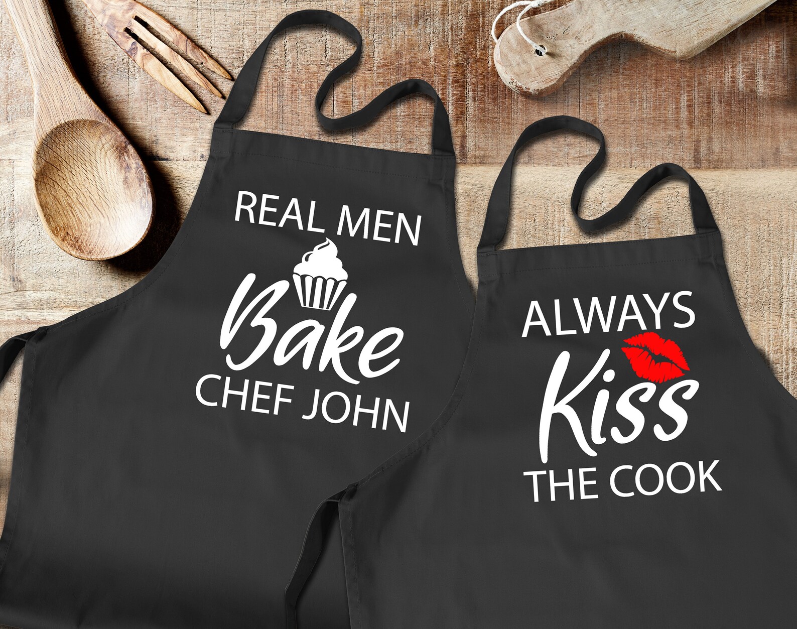 Custom Black Aprons Set. His and Her Set Real Men Bake Etsy