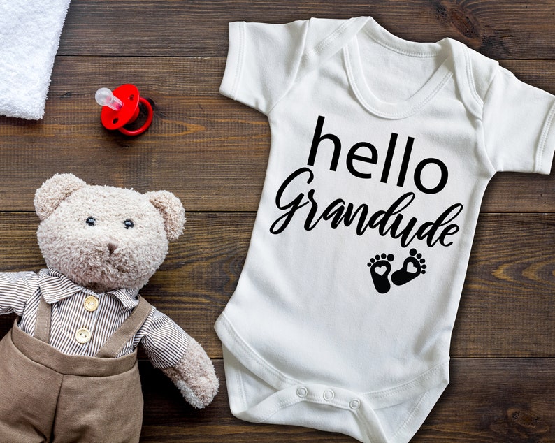 new baby announcement Pregnancy reveal baby grow bodysuit vest Hello Grandude