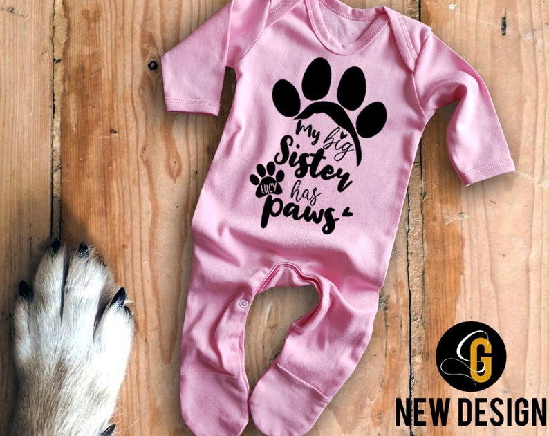 Custom name My big sister has paws pink long sleeve baby grow rompersuit sleepsuit bodysuit Baby/'s with cats dogs pets