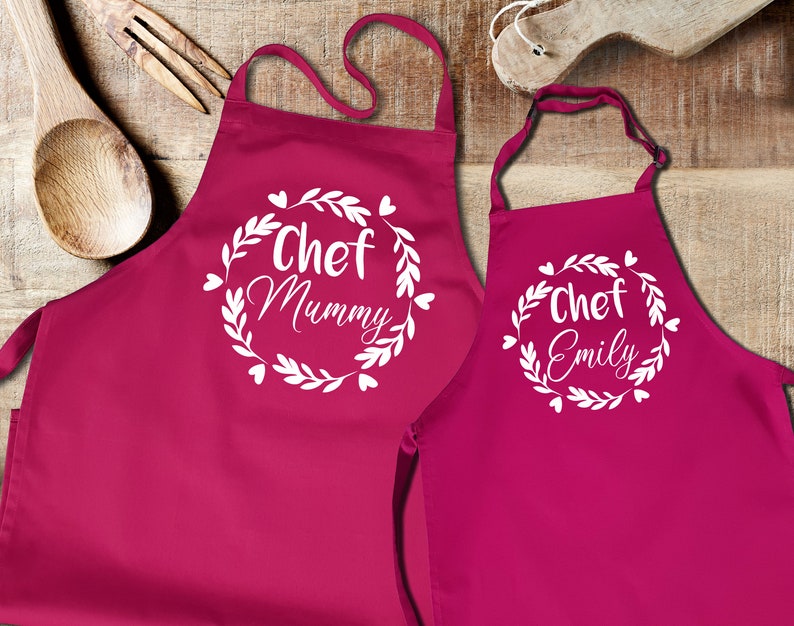 Mother/'s day Father/'s day gift Christmas gift Mother and child matching pink aprons set Head Chef and Sous Chef Birthday gift