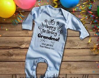 Custom Happy Birthday Grandma pink long sleeve baby grow rompersuit 