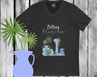 Blue McCoy Pottery Lover's Cotton V-Neck Tshirt-Vintage Pottery Collector's Tee-Gift for Blue McCoy Pottery Collector-McCoy Pottery Gift