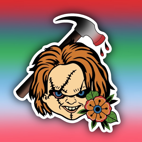 Chucky Tattoo Style Inspired Sticker | Halloween | Childs Play | Horror | Laptop Stickers | Kindle Sticker