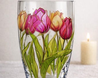 Jarrón de flores de tulipán, jarrón de cristal personalizado, regalo pintado a mano, jarrón redondo de cristal rojo y amarillo, decoración floral para el hogar, arte de cristal para escritorio