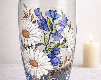 Jarrón de flores personalizado, regalo pintado a mano con margaritas y campanillas para mamá, jarrón de cristal personalizado, jarrón de cristal redondo para flores, 19 cm (7,5 pulgadas)