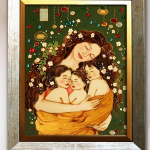 Mom and three babies Stained glass painting Ukraine shop Custom 3D glass painting Mother with child 3D art Baptism gift Motherhood art