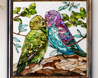 オウムのステンドグラスプリントセット：鮮やかな鳥の絵5枚（デジタル