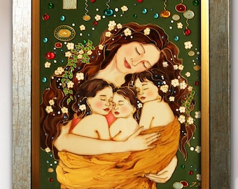 Mamá y tres bebés. Pintura en vidriera. Pintura personalizada. Madre con hijo. Arte 3D. Regalo para mamá de parte de sus hijos. Arte de la maternidad.