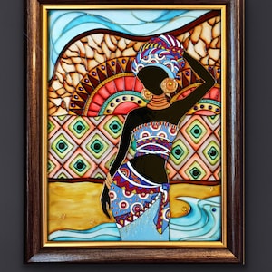 Glasmalerei Afrikanische Frau 3D Wandkunst Originalgemälde auf Glas mit Kristallen und Cabochons Gerahmte Glaswandkunst Bunte Kunst