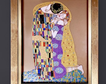 グスタフ・クリムト「接吻」クリスタルガラスのオリジナル絵画ステンド
