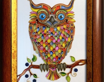 Owl painting Stained glass painting Owl wall art Abstract owl wall decor Framed glass wall art Hausewarming gift Ukrainian art