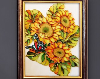 Sonnenblume Malerei auf Glas Glasmalerei Sonnenblumen Wandkunst Blumen Wandplatte Glaswandkunst Gerahmte Kunst Ukraine Sonnenblume