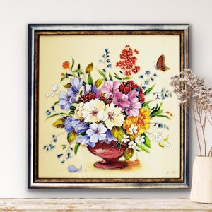 Original 3D glass painting Spring flowers in vase Flower bouquet artwork Field flowers framed wall art Room decor wall hanging Gift for her