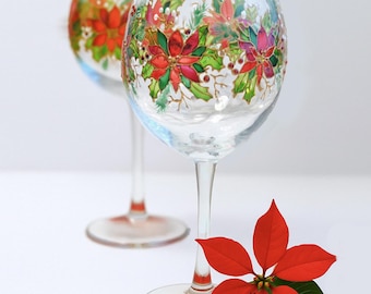 Hand painted wine glasses, Poinsettia goblets, Holiday stemware gift, Personalized goblet, Custom hand made gift