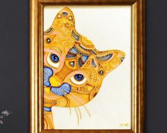 猫の壁アート 青と黄色の猫の肖像画 オリジナルのステンドグラスの絵画 ファンタジーな猫の絵画 ガラスの壁アート 猫好きへのギフト ウクライナのアート