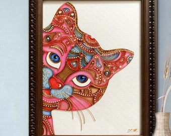 猫の肖像画 オリジナルガラス絵画 ファンタジー猫アート かわいい猫の絵画 ピンクの壁アート ガラス壁アート 猫好きへのギフト ウクライナのアート