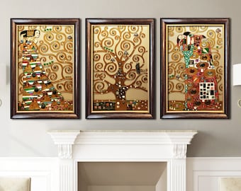 Conjunto de 3 frisos Stoclet de Gustav Klimt: La Expectativa, El Árbol de la Vida y El Abrazo. Vidrieras con cabujones de piedras preciosas. Arte mural 3D.