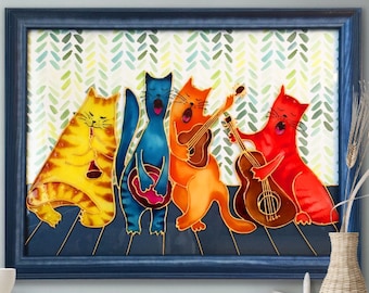 猫のガラス絵、面白い猫好きへのギフト、手描きのステンドグラス風アート、カラフルな動物のアートワーク、額入り壁飾り