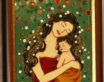 Custom stained glass painting Mother and child Gustav Klimt Baptism gift Gift for mom from daughter New mom gift Mother child cusom painting