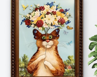Portrait de chat avec des fleurs Peinture de chat originale sur verre Vitrail peinture Art mural chat Art mural en verre encadré Cadeau pour amoureux des chats