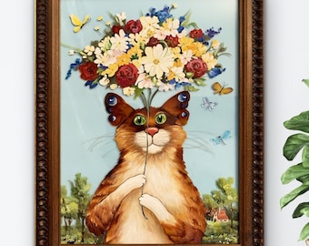 花と猫の肖像画ガラスに描かれたオリジナルの猫の絵画ステンドグラスの絵画猫の壁アート額入りガラスの壁アート猫好きへのギフト