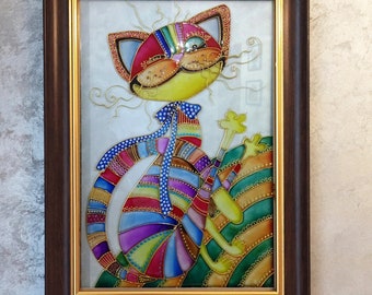 Funny colorful cat art Stained glass painting Original cat painting on glass Cat wall art Cat portrait Framed glass wall art Cat lover gift
