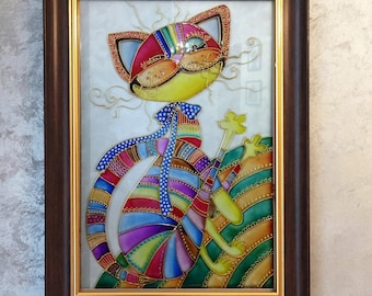 面白い猫の肖像画ステンドグラスの絵カラフルな猫のアートガラスに描かれたオリジナルの猫の絵猫の壁アート額入りガラスの壁アート猫好きへの贈り物