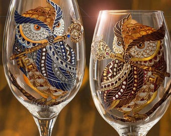Painted wine glasses, Goblet personalized, Owl home decor, Custom hand made gift