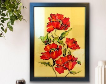 Pintura de vidrieras Amapola roja Arte mural de amapolas rojas Pintura de flores rojas sobre vidrio Obra de arte pintada a mano de flores de amapola Decoración de pared de flores rojas