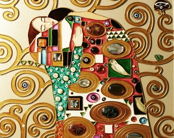 Abraza a Gustav Klimt. Vitral. Pintura original con cabujones de piedras preciosas. Parte del friso Stoclet. Cuadro de vidrio enmarcado para pared.
