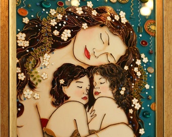 Mom and twins Stained glass painting Gustav Klimt Mother with twins custom glass painting Baptism gift Mothers day gifts for mom