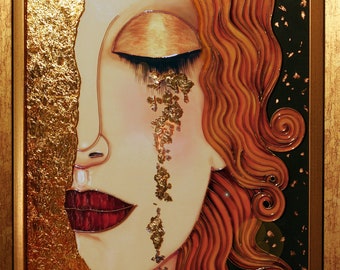 Lágrimas doradas, vidriera, cuadro, arte mural en vidrio enmarcado, pintura original, regalo único para inauguración de casa, arte mural dorado.