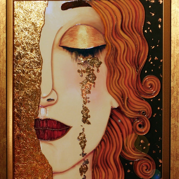 Lágrimas doradas Gustav Klimt Pintura de vidrieras Arte de pared de vidrio enmarcado Pintura original Regalo único de bienvenida Arte de pared de oro