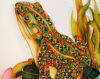 Arte de rana Pintura de vitral con cristales Pintura de rana linda Decoración de rana verde Arte de pared enmarcado Arte de pared de vidrio Arte de pared 3D Regalo para amantes de las ranas