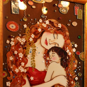 Gustav Klimt Mother and child Stained glass painting New mom gift  Mommy and me Baptism gift Mom gift from daughter Family portrait