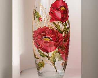 Hand painted personalized vase Vase with poppies Custom glassware Stained glass handpainted vase Round glass vase for flowers