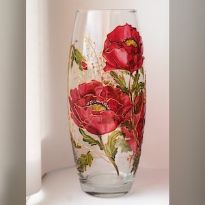 Hand painted personalized vase Custom glassware Stained glass handpainted vase Vase with poppies Round glass vase for flowers