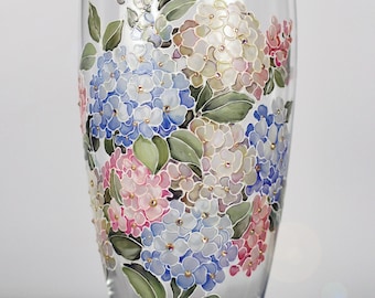 Vase with flowers hydrangeas Stained glass hand painted vase Wildflowers personalized glass vase Custom mother gift Violet blue vase