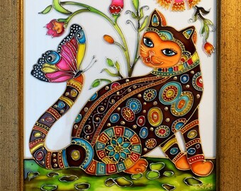 妖精猫アートステンドグラス絵画ファンタジー猫壁アート蝶と猫ガラス壁