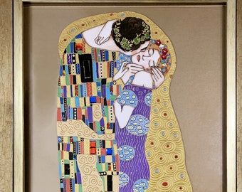 グスタフ・クリムト「接吻」クリスタルガラスのオリジナル絵画ステンド