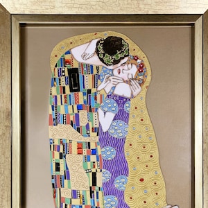 Gustav Klimt the kiss Original painting on glass with crystals Stained glass painting Framed glass wall art Anniversary gift Couples gift